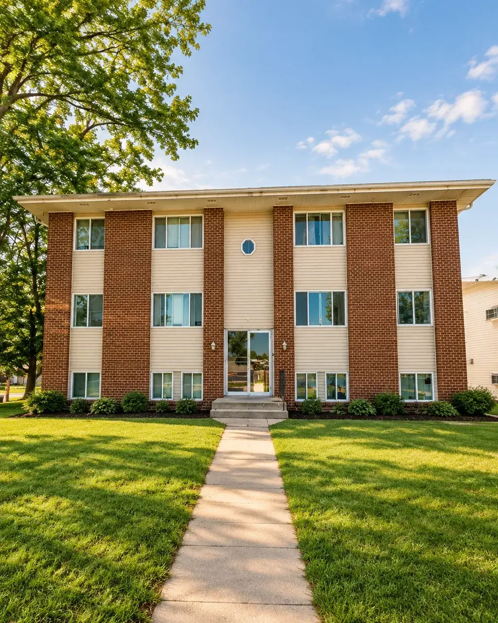 Well-kept Reserve townhomes beside a green lawn in Cedar Rapids, Iowa